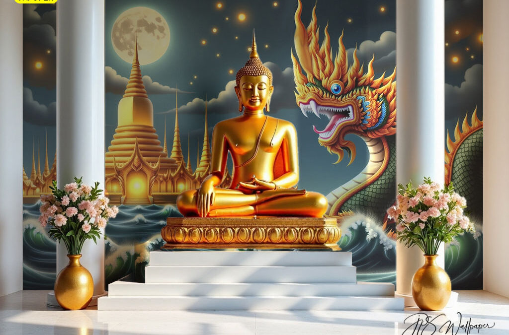 ทำวอลเปเปอร์ติดผนังลายพญานาคตกแต่งห้องปฏิบัติธรรมสำหรับอาราม