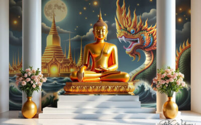 ทำวอลเปเปอร์ติดผนังลายพญานาคตกแต่งห้องปฏิบัติธรรมสำหรับอาราม